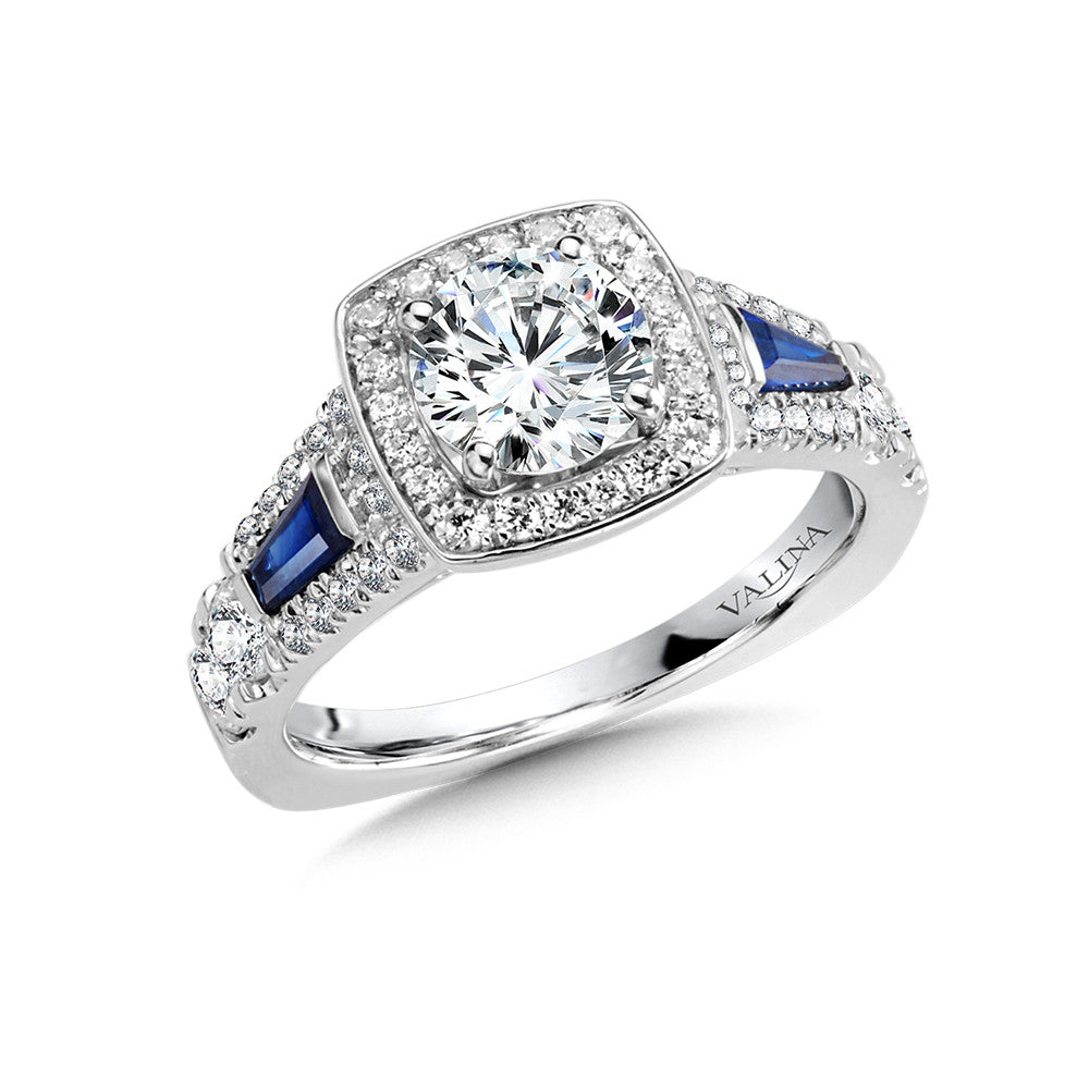 DIAMOND AND SAPPHIRE CUSHION-SHAPED HALO ENGAGEMENT RING