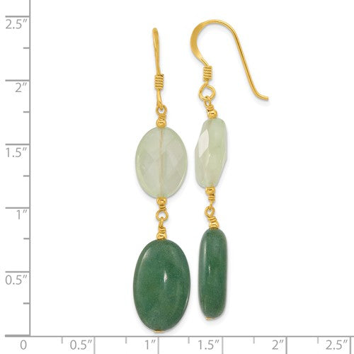 Sterling Silver Gold-plated Polished Green Agate and Prehnite Dangle Earrings