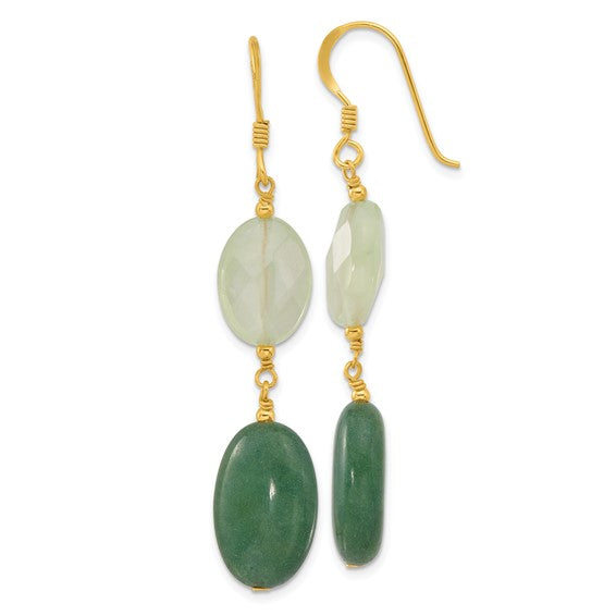 Sterling Silver Gold-plated Polished Green Agate and Prehnite Dangle Earrings