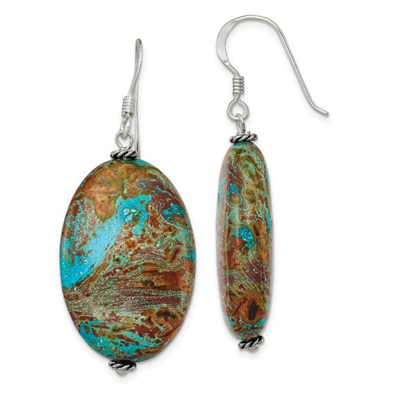 Sterling Silver Polished and Antiqued Twisted Bead and Blue Jasper Oval Dangle Earrings