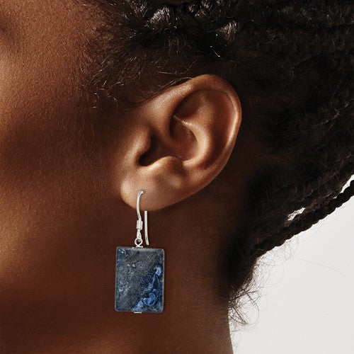 Sterling Silver Polished Blue Sodalite Rectangular Dangle Earrings