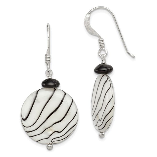 Sterling Silver Polished Black Agate/Zebra Mother of Pearl Dangle Earrings